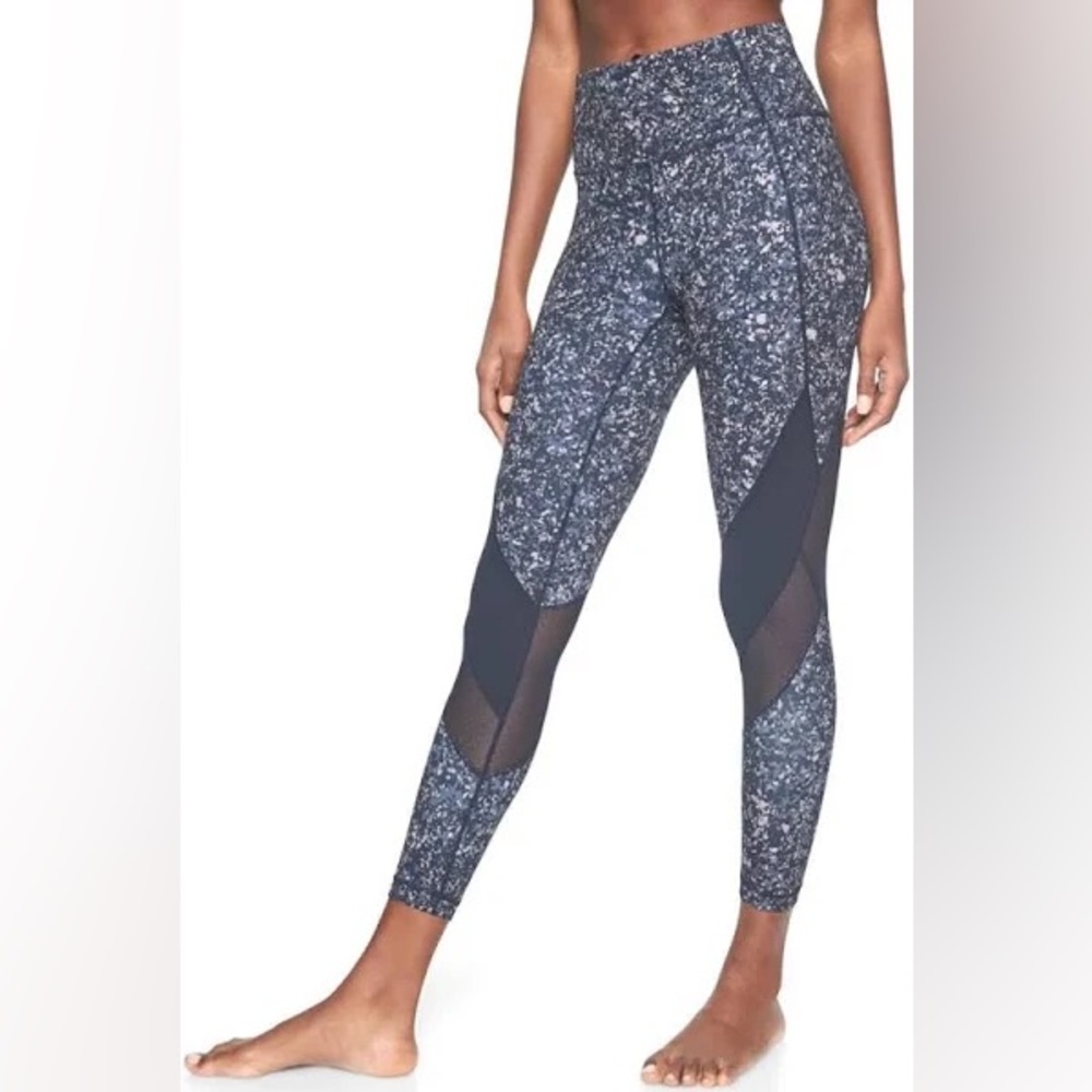 Athleta high-waisted blue sandstone salutation mesh 7/8 length leggings